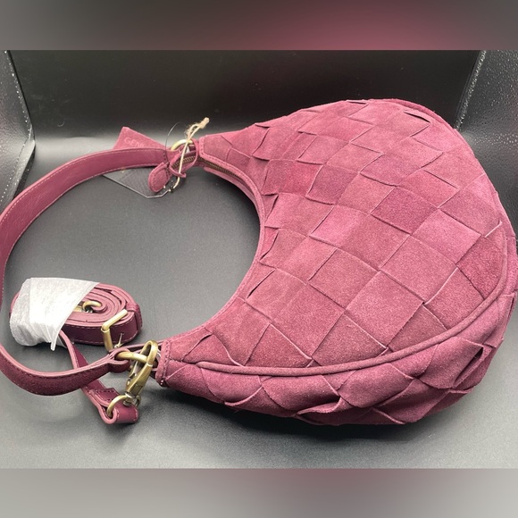 Genuine Suede Woven Hobo Shoulder Bag Burgundy - Picture 5 of 10